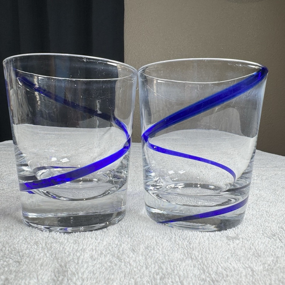 Pier 1 Swirline Cobalt Blue Double Old Fashioned Glass Blue Swirl 4" Lot of 2